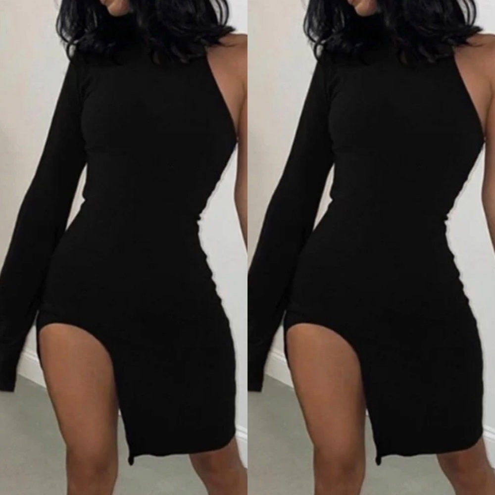 One Side Sleeve Mock Neck Dress